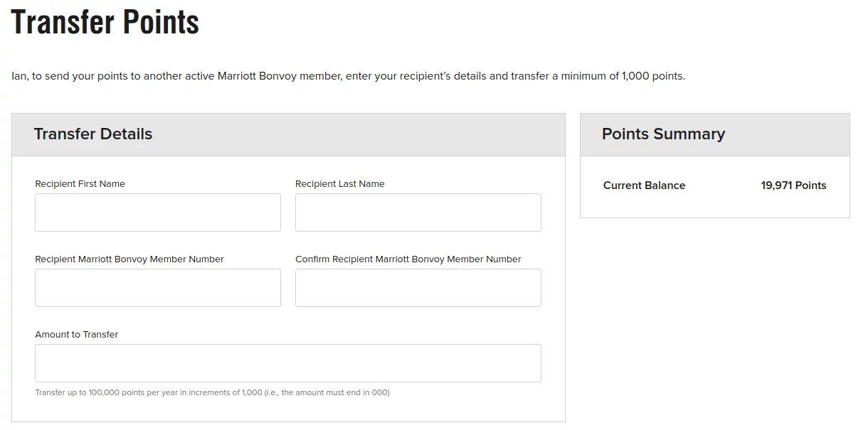 Marriott Bonvoy transfer page showing fields for recipient name, member number, and transfer amount